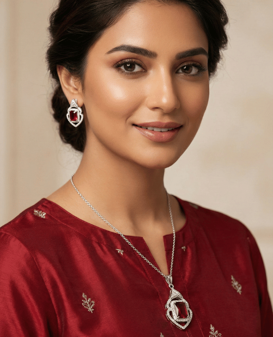 Ruby Radiance Silver Necklace & Earring Set