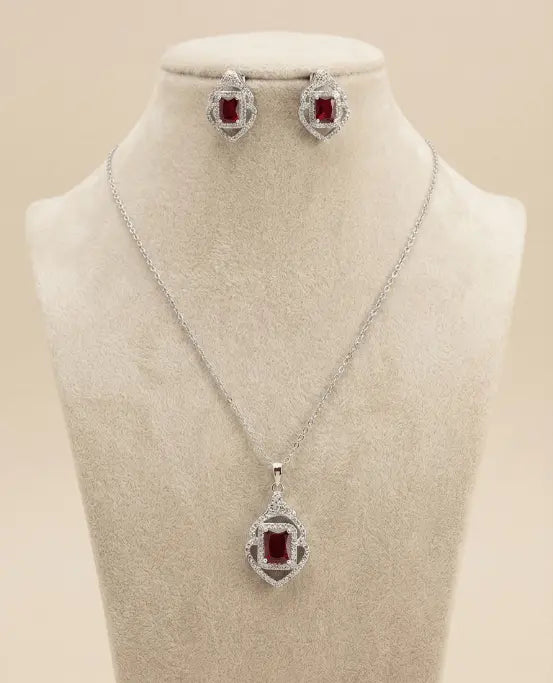 Ruby Radiance Silver Necklace & Earring Set EleganceGlow
