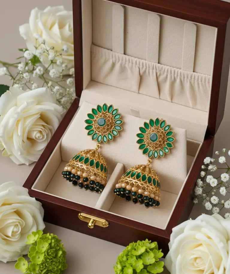 Emerald Green Kundan Pearl Jhumka Earrings eleganceglow