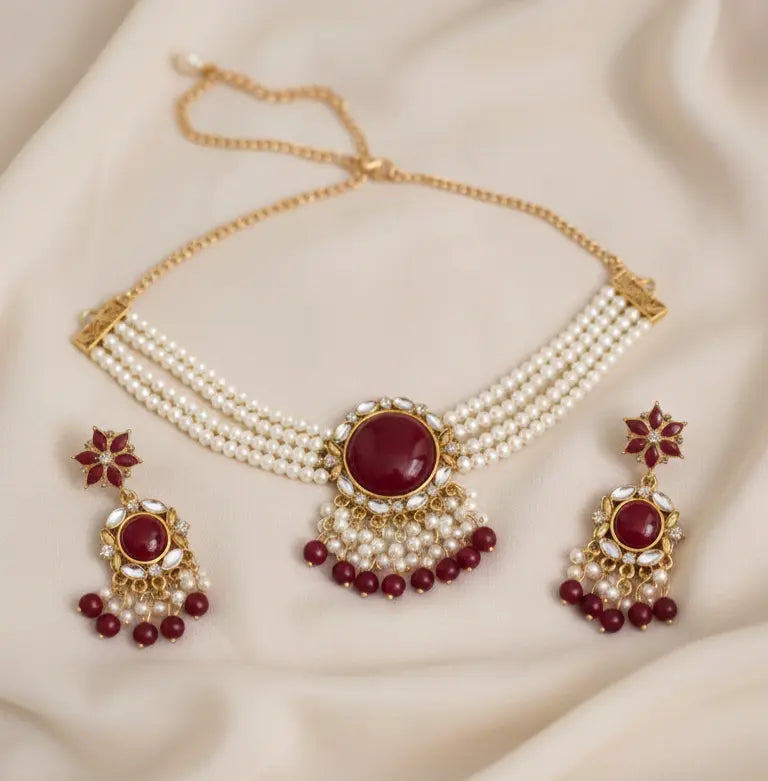 EleganceGlow Royal Ruby Pearl Statement Jewelry Set EleganceGlow