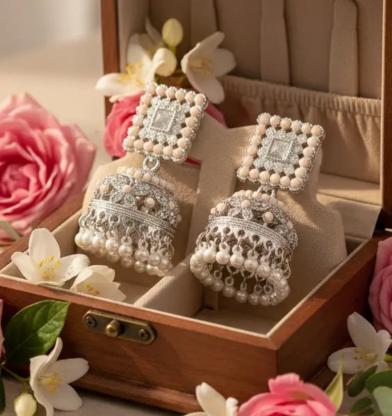 Pearl Mist Silver Jhumka Earrings EleganceGlow