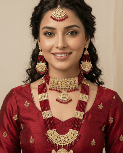 Royal Mehroon & Gold Bridal Heritage Jewelry Set