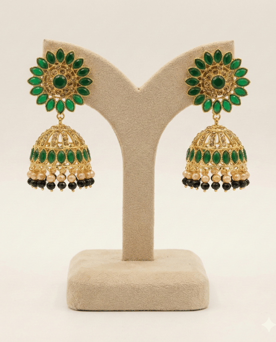 Royal Emerald Bloom Jhumka Earrings