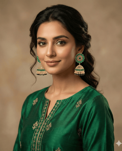 Royal Emerald Bloom Jhumka Earrings