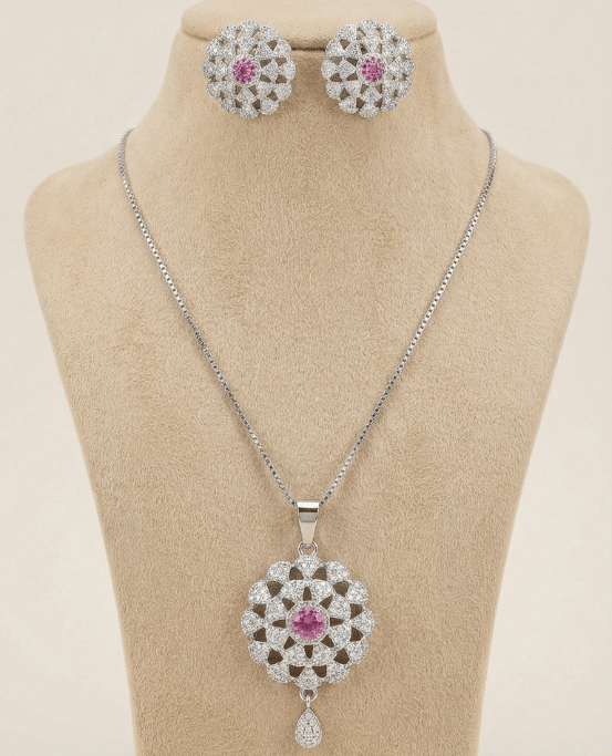 Crystal Bloom Silver Necklace & Earring Set