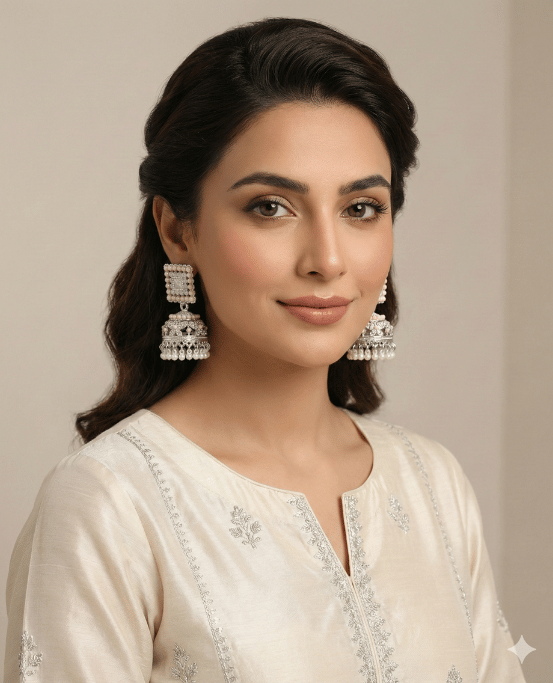 Pearl Mist Silver Jhumka Earrings