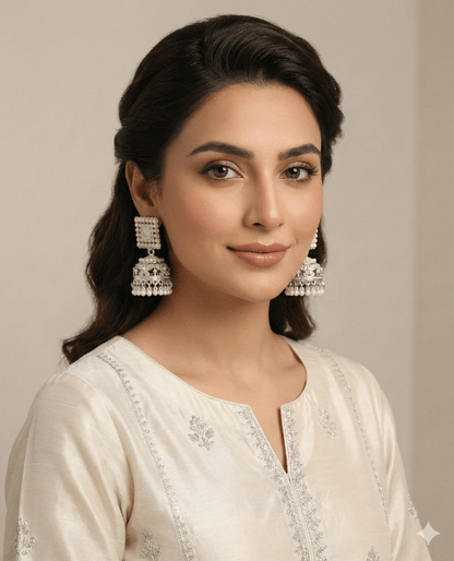 Pearl Mist Silver Jhumka Earrings