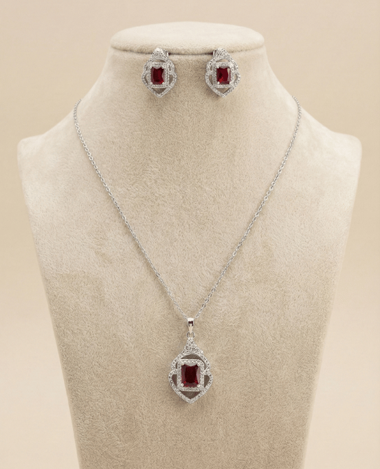 Ruby Radiance Silver Necklace & Earring Set
