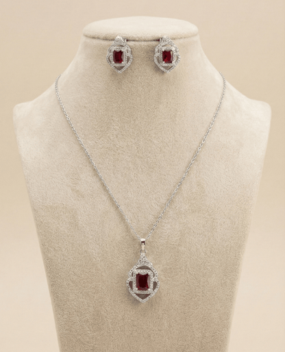 Ruby Radiance Silver Necklace & Earring Set