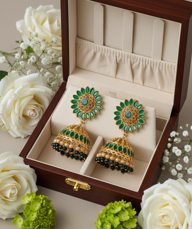 Emerald Green Kundan Pearl Jhumka Earrings