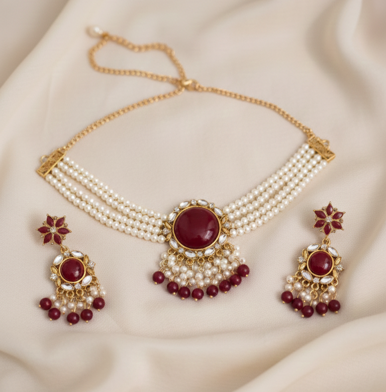 EleganceGlow Royal Ruby Pearl Statement Jewelry Set