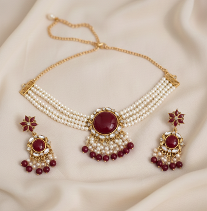 EleganceGlow Royal Ruby Pearl Statement Jewelry Set