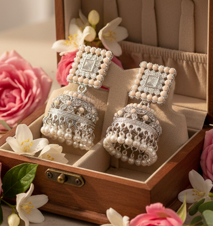 Pearl Mist Silver Jhumka Earrings